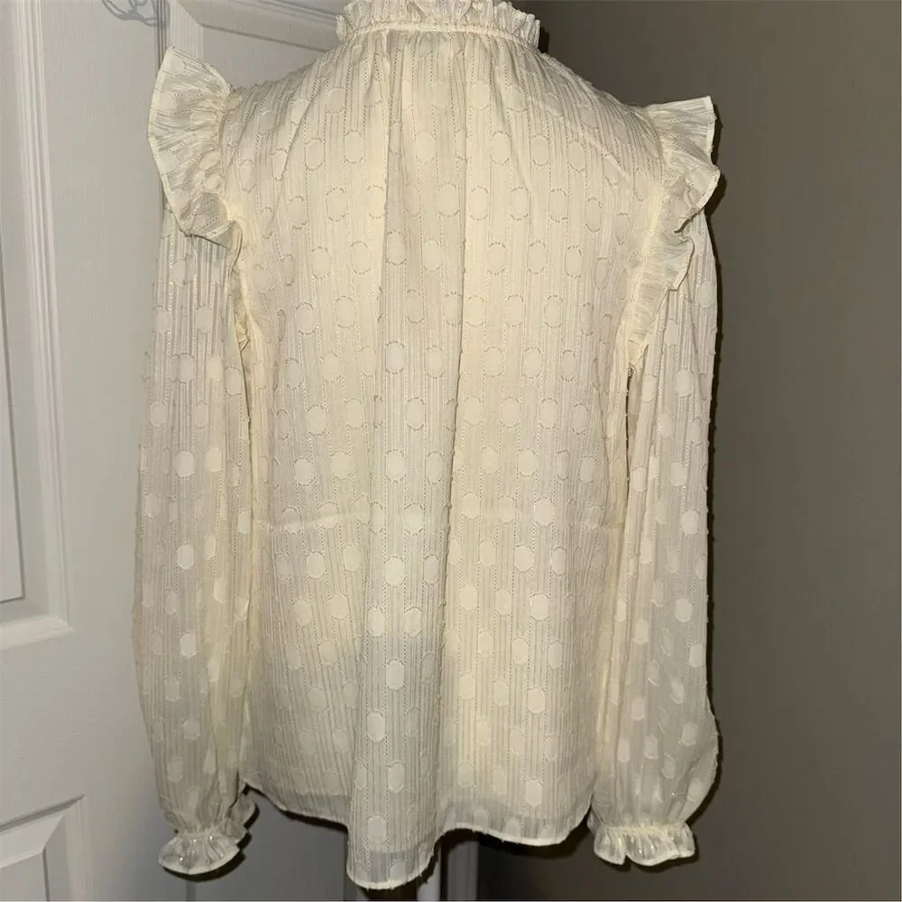Joie Women's Ivory and Gold Ruffle Blouse M Long Balloon Sleeve Party Christmas - Picture 4 of 17